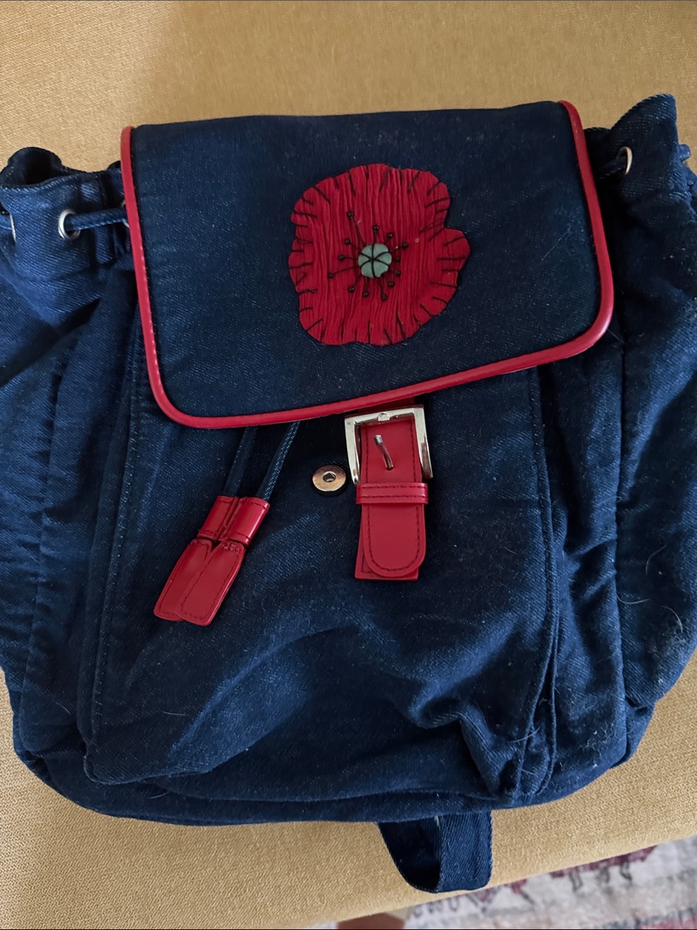 Bath & Body Works Navy Backpack with Red Trim and Flower Applique